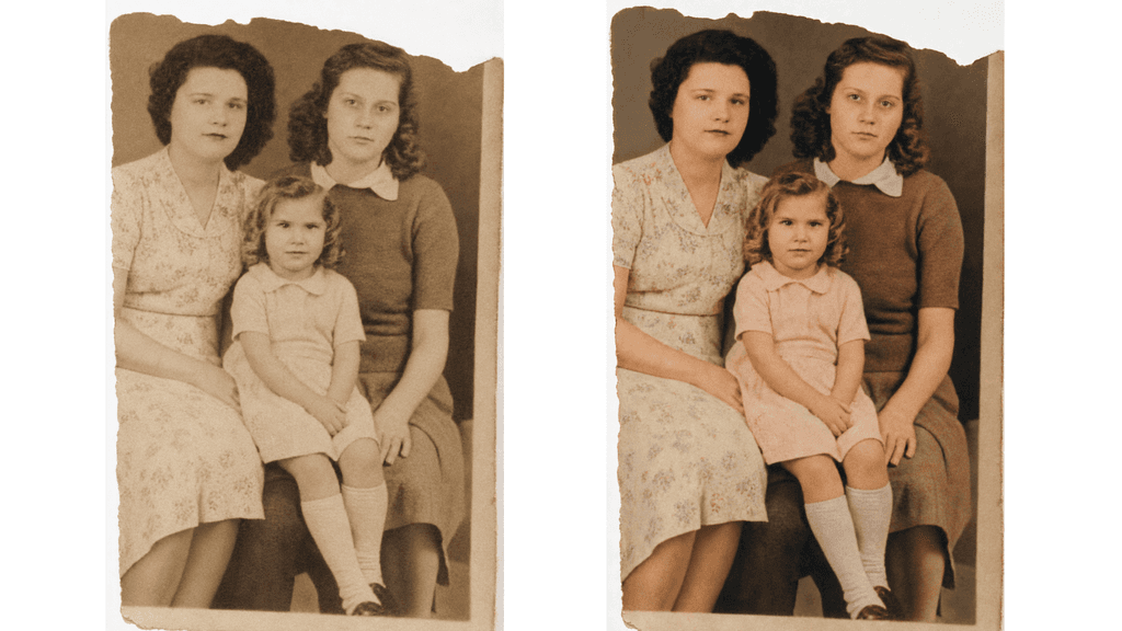 Foto de família com bordas danificadas restaurada e colorizada