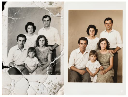 Retrato de família trincado restaurado e colorizado
